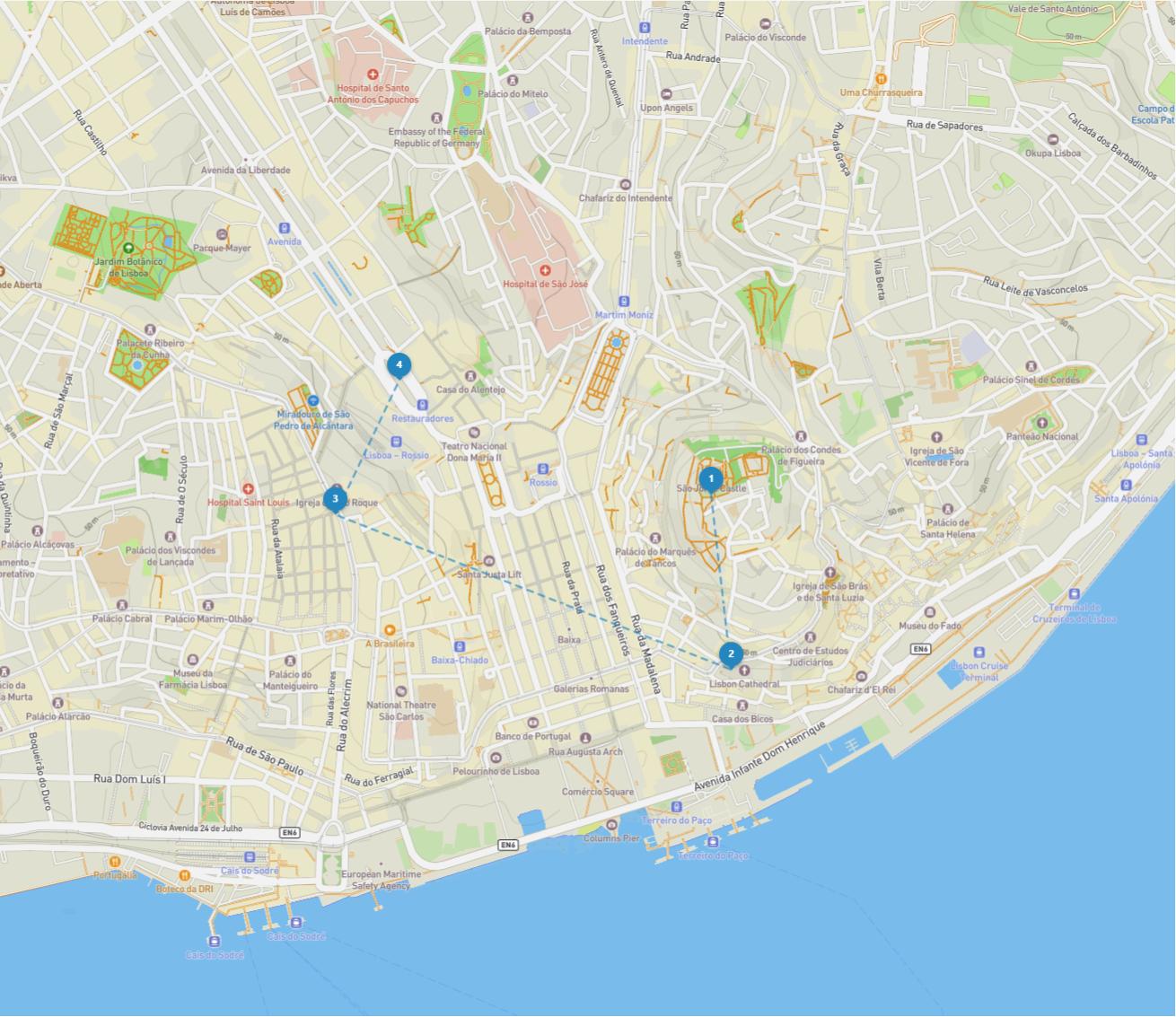 Day 1 route map, Lisbon